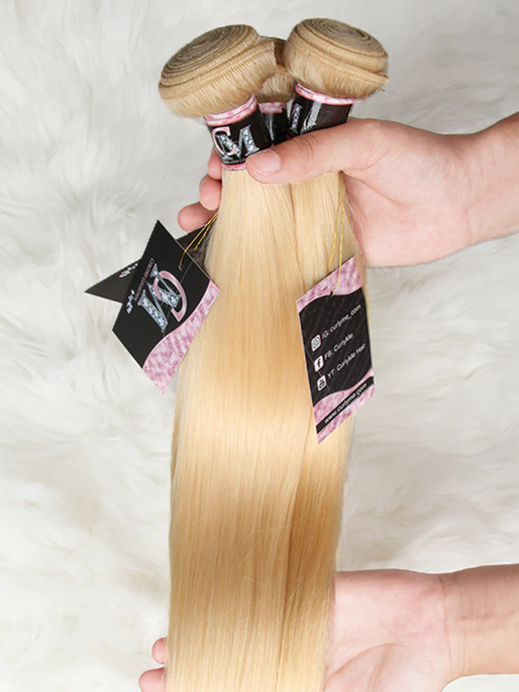 CurlyMe 613 Blonde Straight Human Hair 3 Bundles With 4x4 Lace Closure - Image 7