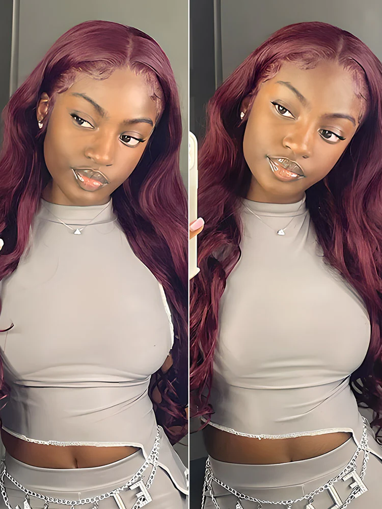 CurlyMe 99J Burgundy Color Body Wave Hair 13x4 Lace Front Wigs Pre Plucked Hairline - Image 5