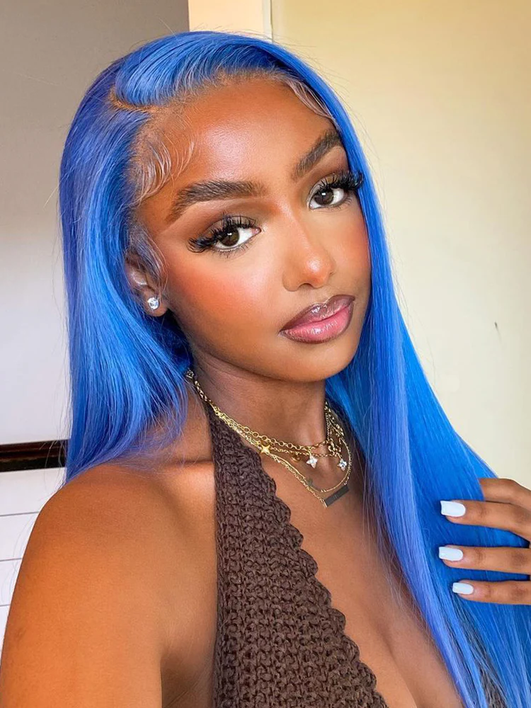 CurlyMe Gemstone Blue Colour Hair Lace Front Wigs Pre Plucked Straight Human Hair - Image 3