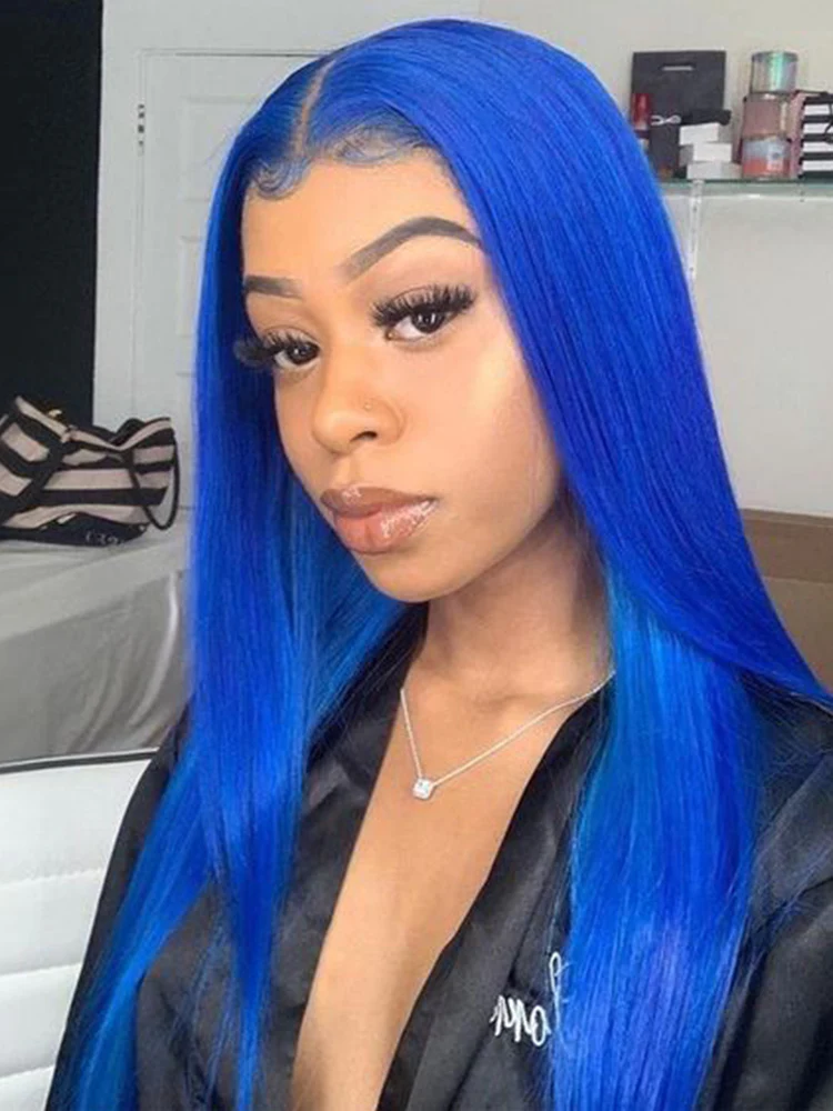 CurlyMe Gemstone Blue Colour Hair Lace Front Wigs Pre Plucked Straight Human Hair - Image 4