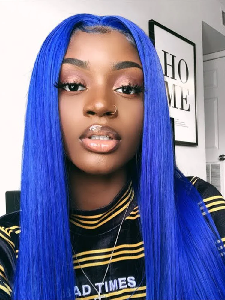 CurlyMe Gemstone Blue Colour Hair Lace Front Wigs Pre Plucked Straight Human Hair - Image 7