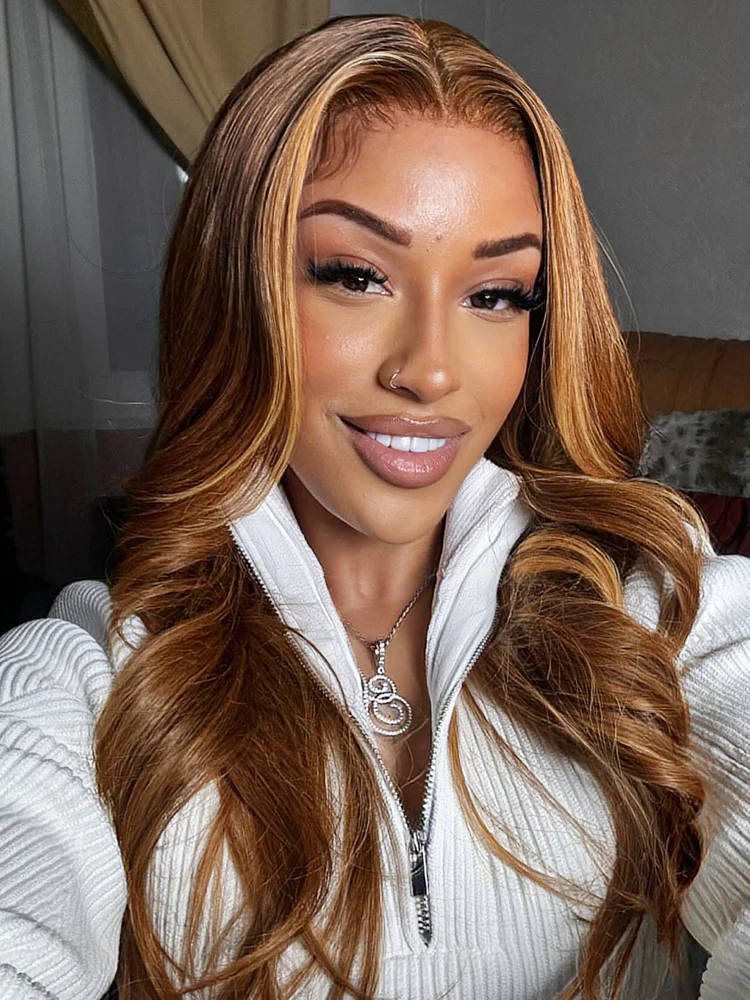 CurlyMe Highlights Ombre Human Hair Wigs Body Wave Transparent Lace Wigs Pre Plucked - Image 4