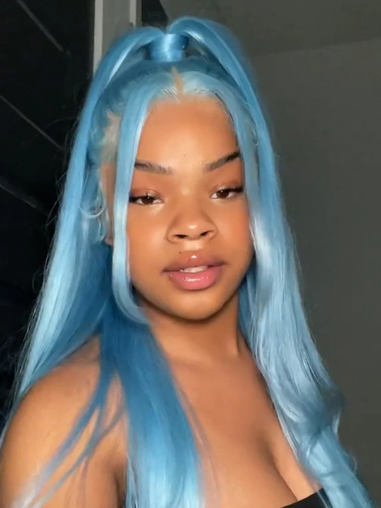 CurlyMe Hot Color Lake Brilliant Blue Straight Hair 13x4 Lace Front Wigs - Image 5