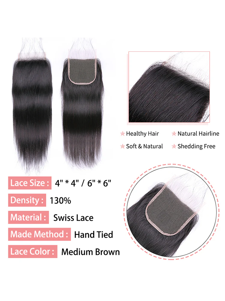 Straight Virgin Hair Natural Black Hair 4x4 Lace Closure - Image 5