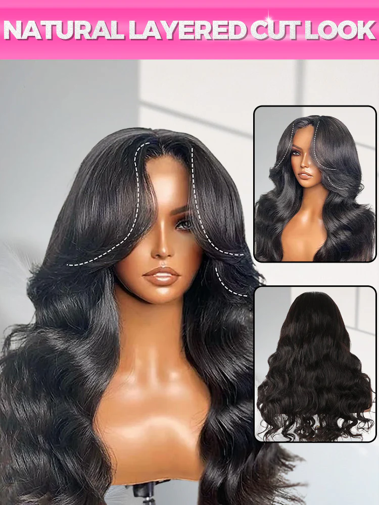 CurlyMe Layered Cut Pre-Bleached Body Wave Pre-Cut HD Lace Wear Go Glueless Wigs - Image 4