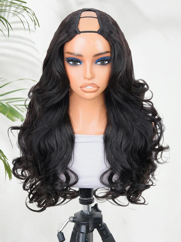 CurlyMe Pre-Styled Butterfly Cut Layered U Part Natural Black Yaki Straight Human Hair Wigs - Image 5