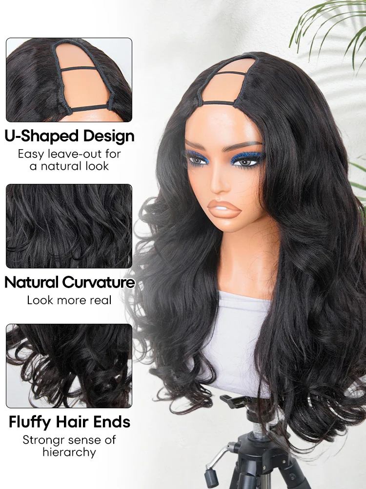 CurlyMe Pre-Styled Butterfly Cut Layered U Part Natural Black Yaki Straight Human Hair Wigs - Image 6