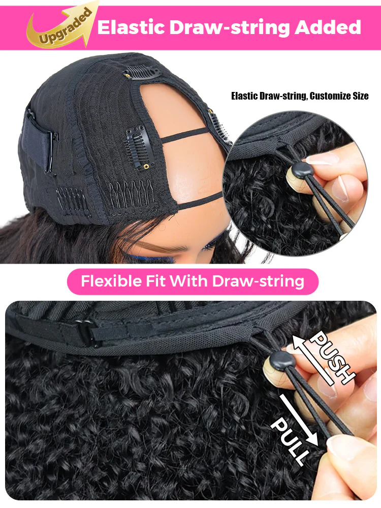 CurlyMe Pre-Styled Butterfly Cut Layered U Part Natural Black Yaki Straight Human Hair Wigs - Image 9