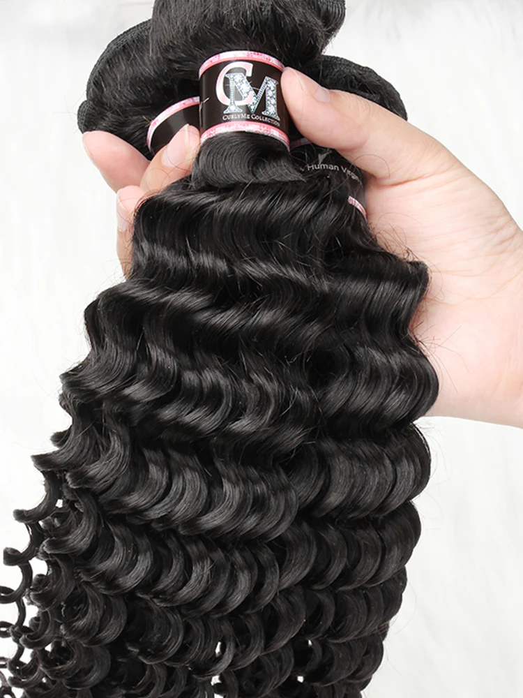 CurlyMe Deep Wave Virgin Human Hair 3 Bundles With 4x4 Lace Closure Natural Black - Image 5