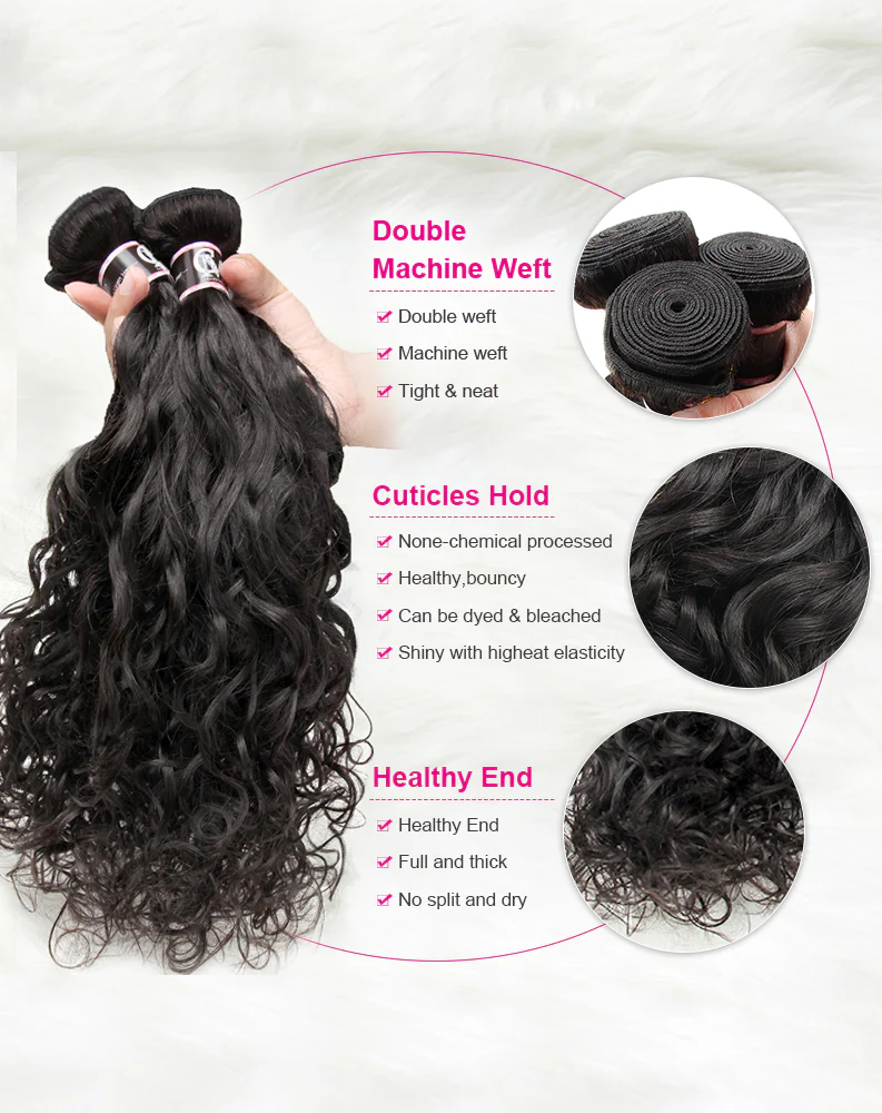 CurlyMe Natural Wave Virgin Human Hair 3 Bundles With 4x4 Closure Natural Black - Image 4