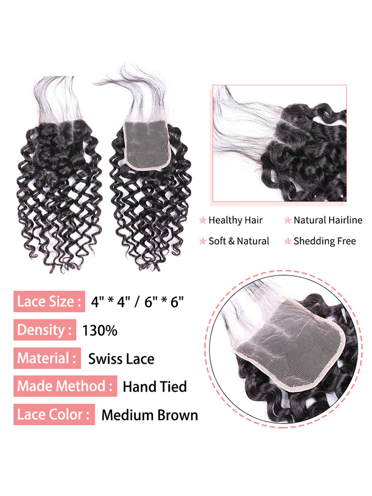 Water Wave Natural Black Hair 4x4 Lace Closure - Image 5