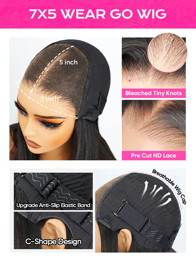 CurlyMe Pre Bleached Straight Glueless Bob Wig Pre Cut 7x5 HD Lace Wear Go Wig - Image 5