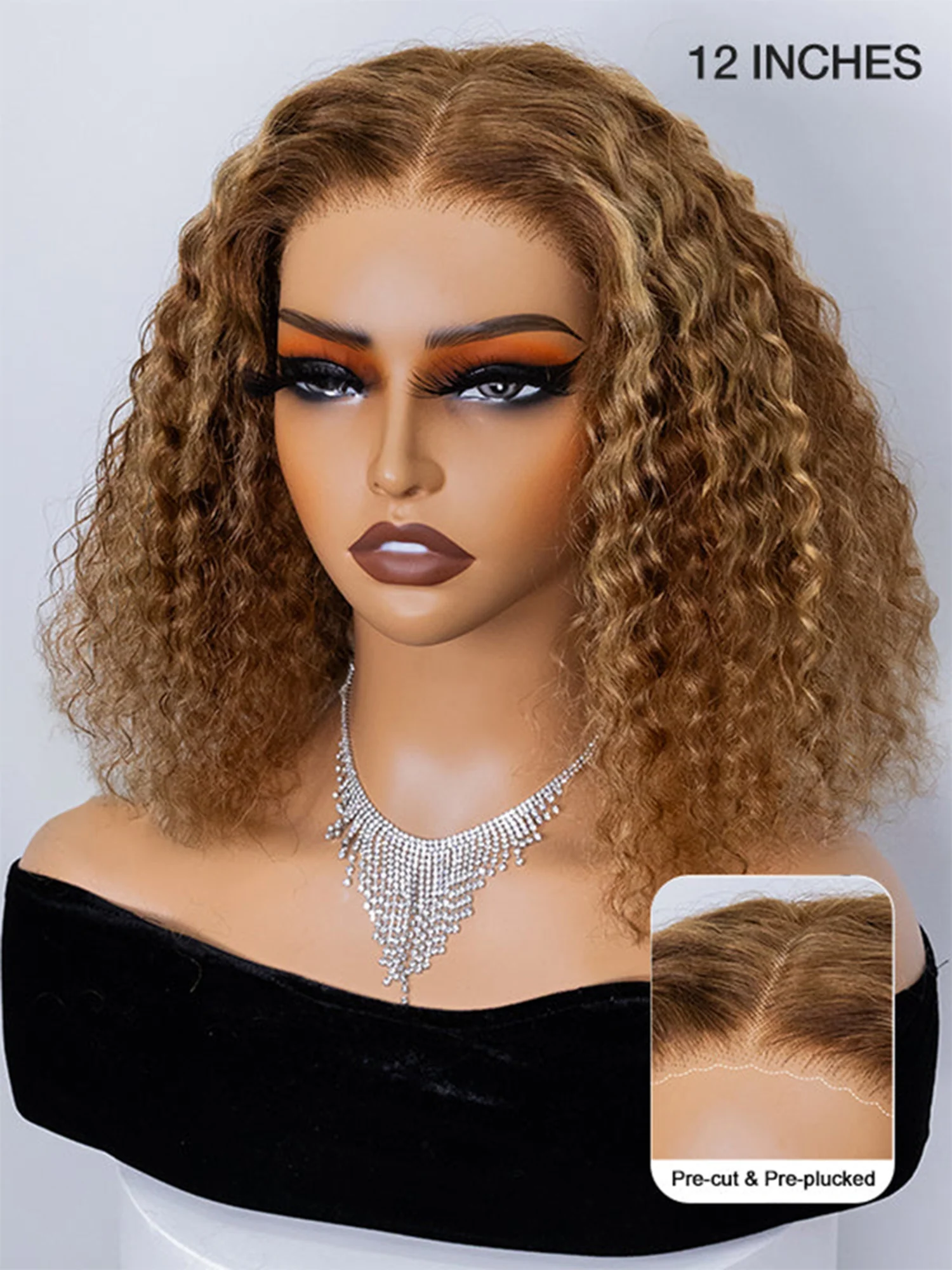 CurlyMe Highlights Ombre Water Wave Glueless Bob Wig Wear Go 7x5 Pre Cut Lace Wig - Image 3